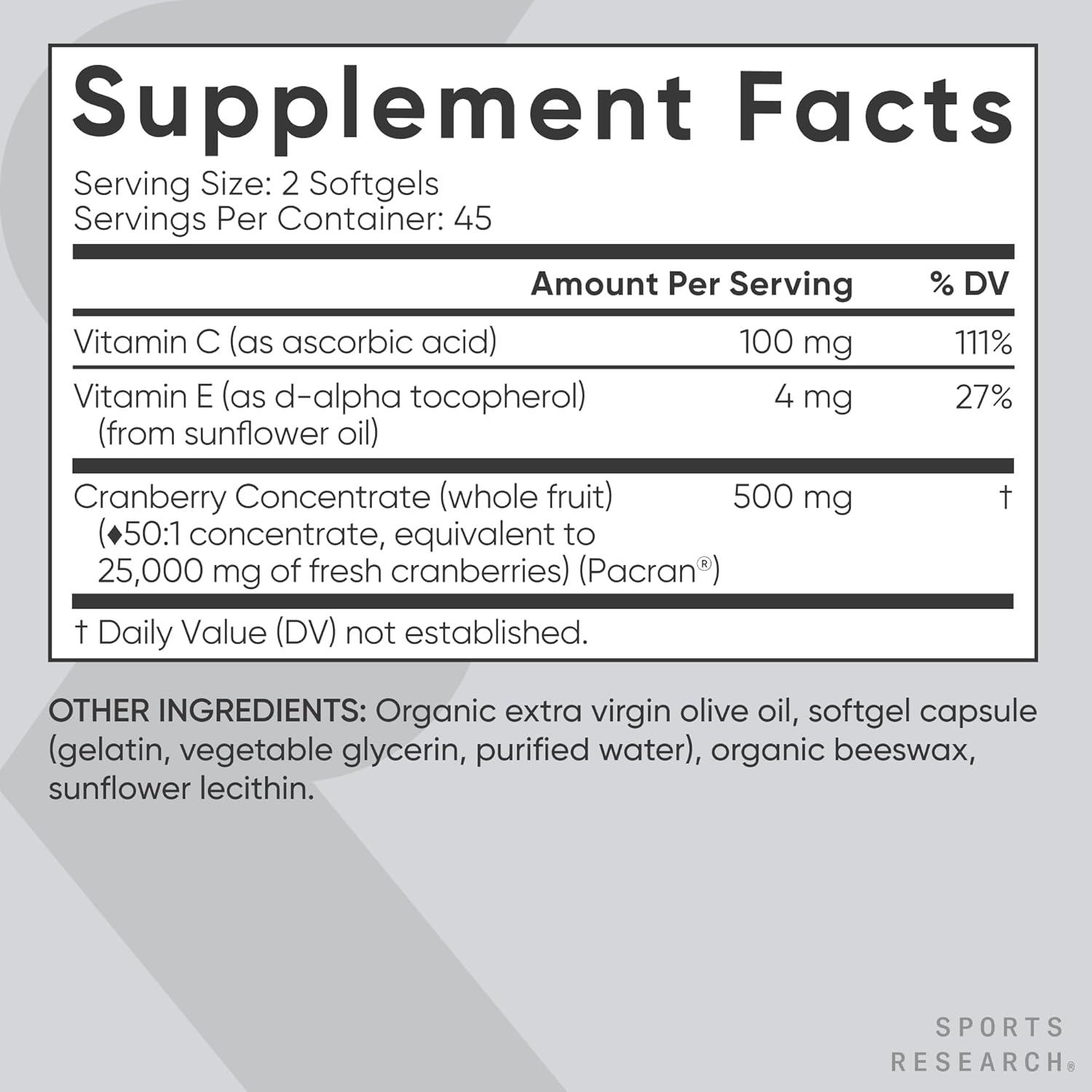 Sports Research® Cranberry Fruit Complex Supplement – Softgels for Urinary Tract Health Support – Made with Pacran®­ & Vitamins C & E – Non-GMO & Gluten Free – 90 Count