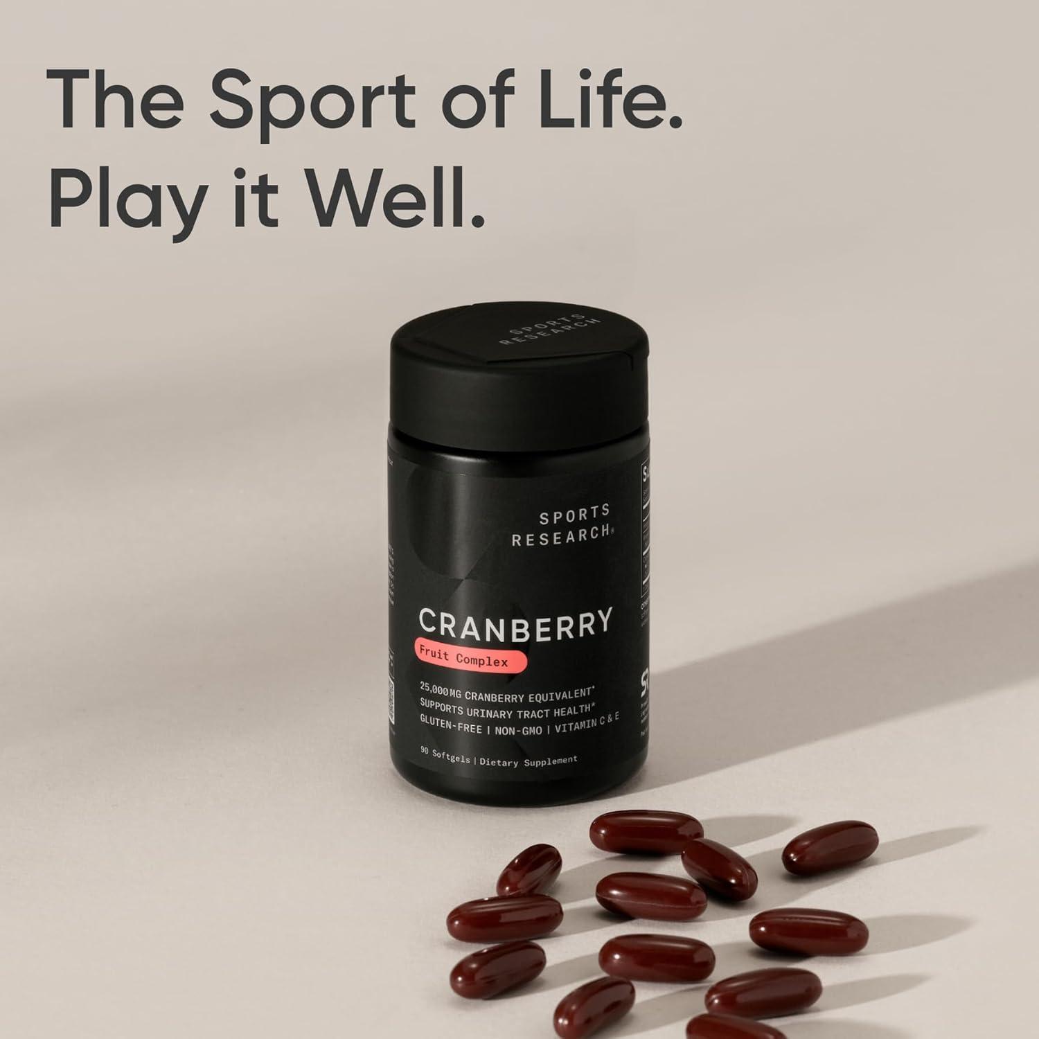 Sports Research® Cranberry Fruit Complex Supplement – Softgels for Urinary Tract Health Support – Made with Pacran®­ & Vitamins C & E – Non-GMO & Gluten Free – 90 Count
