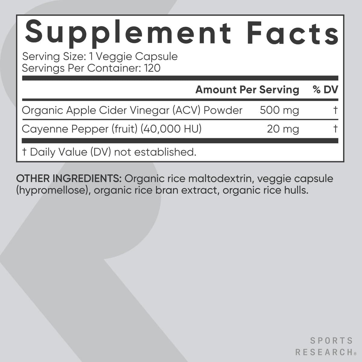 Sports Research Apple Cider Vinegar with Cayenne Pepper | Made from Organic Fermented Apple Cider – Non-GMO Project Verified & Vegan Certified (120 Veggie Capsules)(Capsules)