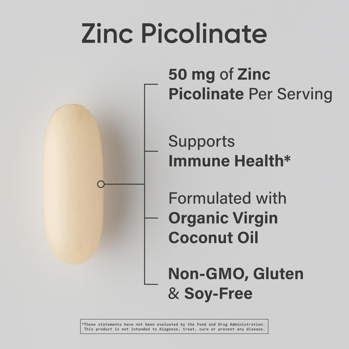Sports Research Zinc Picolinate 50mg with Organic Coconut Oil | Highly Absorbable Zinc Supplement for Healthy Immune Function – Non-GMO Verified, Gluten & Soy Free (60 Liquid Softgels)(120 Count (Pack of 1))