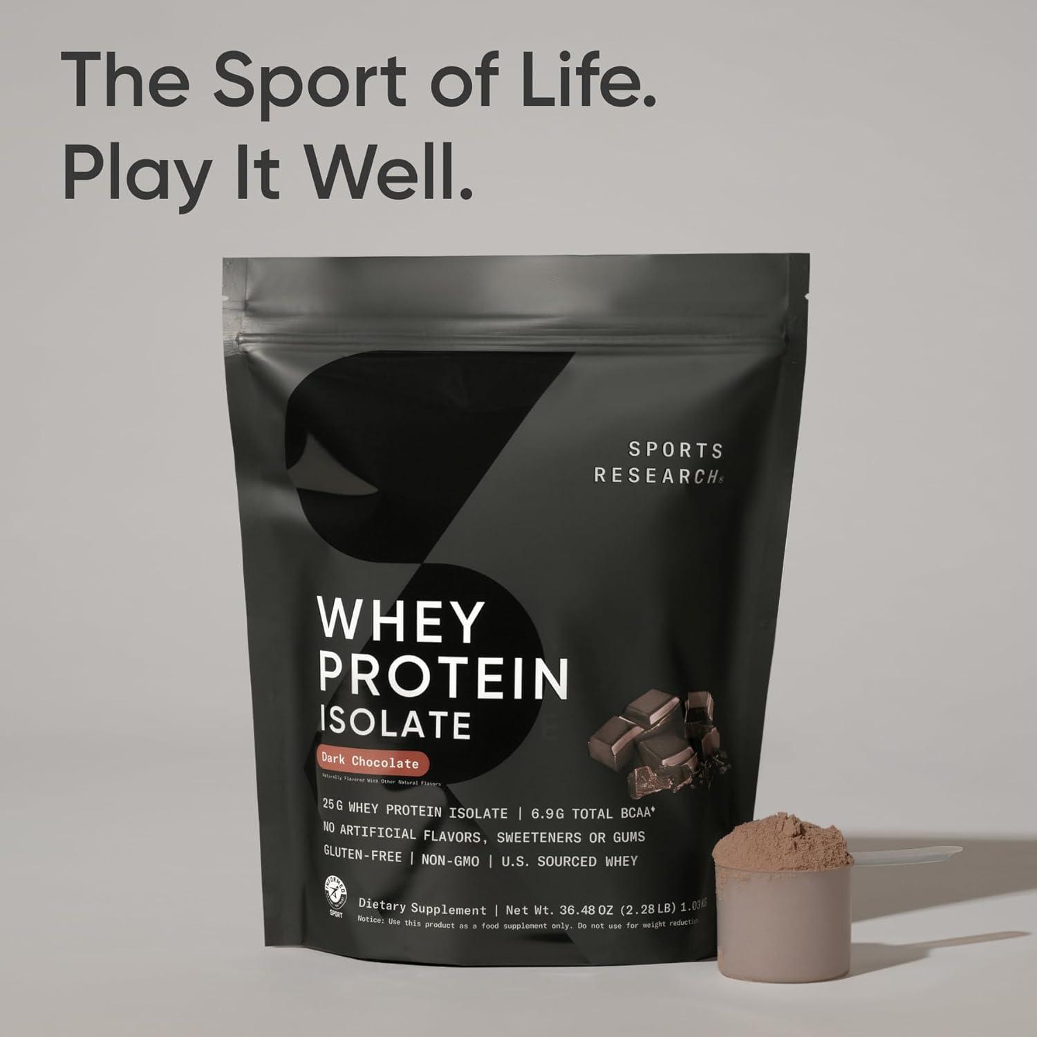 Sports Research Whey Protein Isolate – Sports Nutrition Protein Powder 25g per Serving – 5lb Bag Whey Protein – Dutch Chocolate Bulk Protein Powder, 60 Servings(Dark Chocolate)
