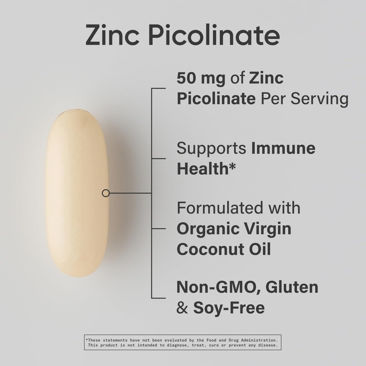 Sports Research Zinc Picolinate 50mg with Organic Coconut Oil | Highly Absorbable Zinc Supplement for Healthy Immune Function – Non-GMO Verified, Gluten & Soy Free (60 Liquid Softgels)(60 Count (Pack of 1))