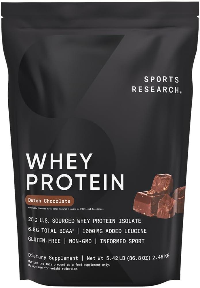 Sports Research Whey Protein Isolate – Sports Nutrition Protein Powder 25g per Serving – 5lb Bag Whey Protein – Dutch Chocolate Bulk Protein Powder, 60 Servings(Dutch Chocolate)