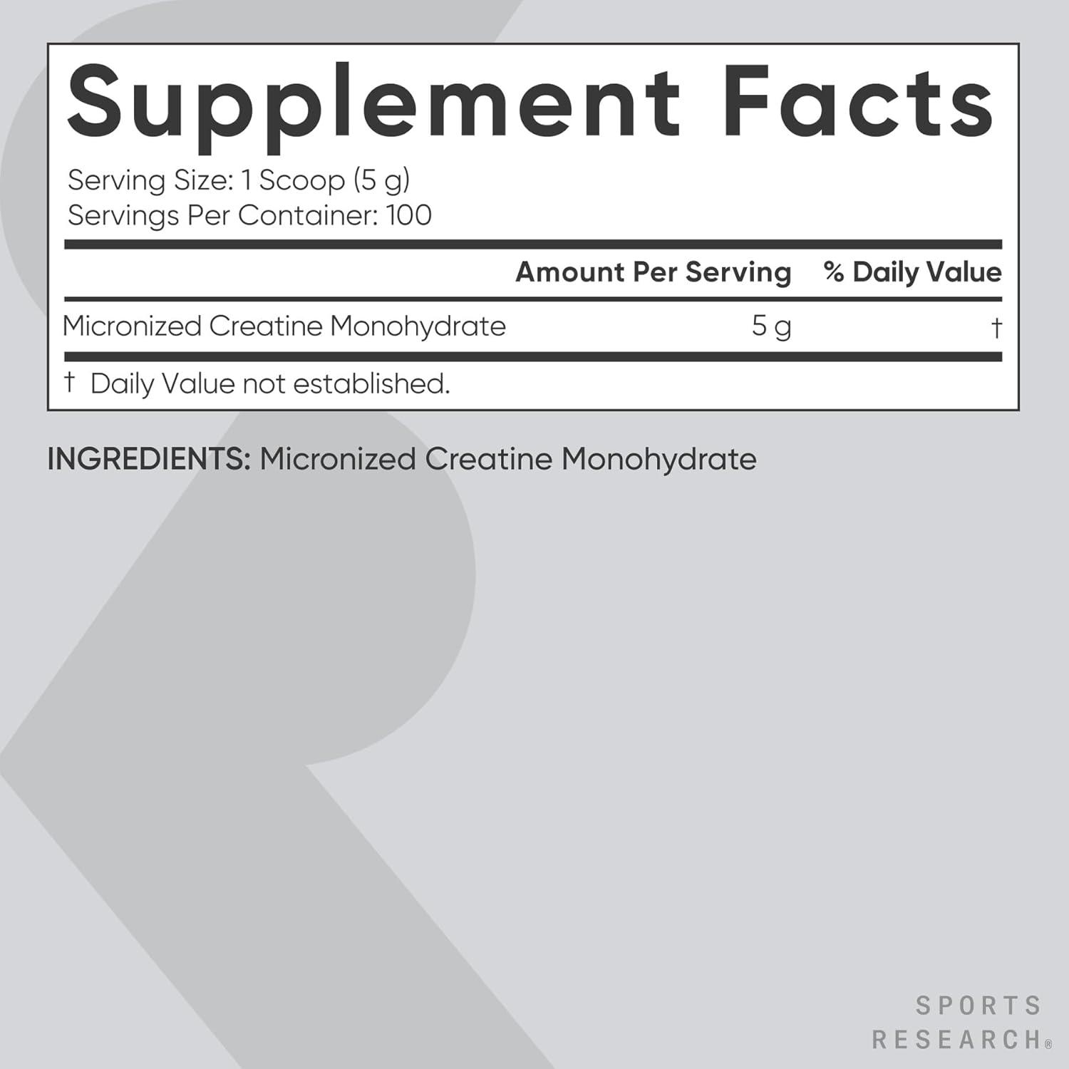 Sports Research Creatine Monohydrate – Gain Lean Muscle, Improve Performance and Strength and Support Workout Recovery – 5 g Micronized Creatine – 10.58 oz(1.1 Pound (Pack of 1))