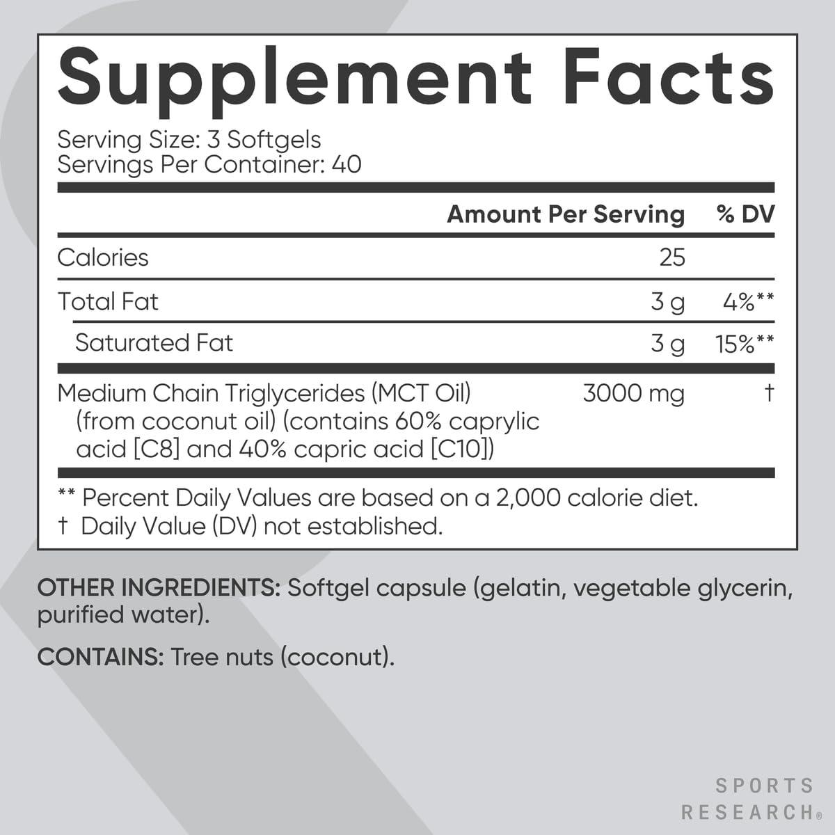 Sports Research MCT Oil Capsules derived from Coconut Oil | Keto Fuel for The Brain & Body | High Potency 3000 mg | Derived from Non-GMO Coconuts (120 Softgels)(120 Count (Pack of 1))