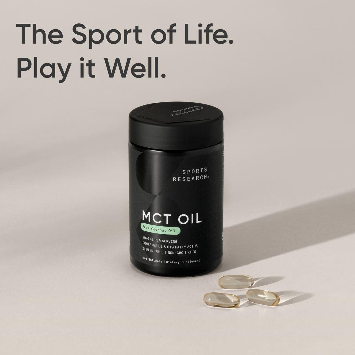 Sports Research MCT Oil Capsules derived from Coconut Oil | Keto Fuel for The Brain & Body | High Potency 3000 mg | Derived from Non-GMO Coconuts (120 Softgels)(120 Count (Pack of 1))