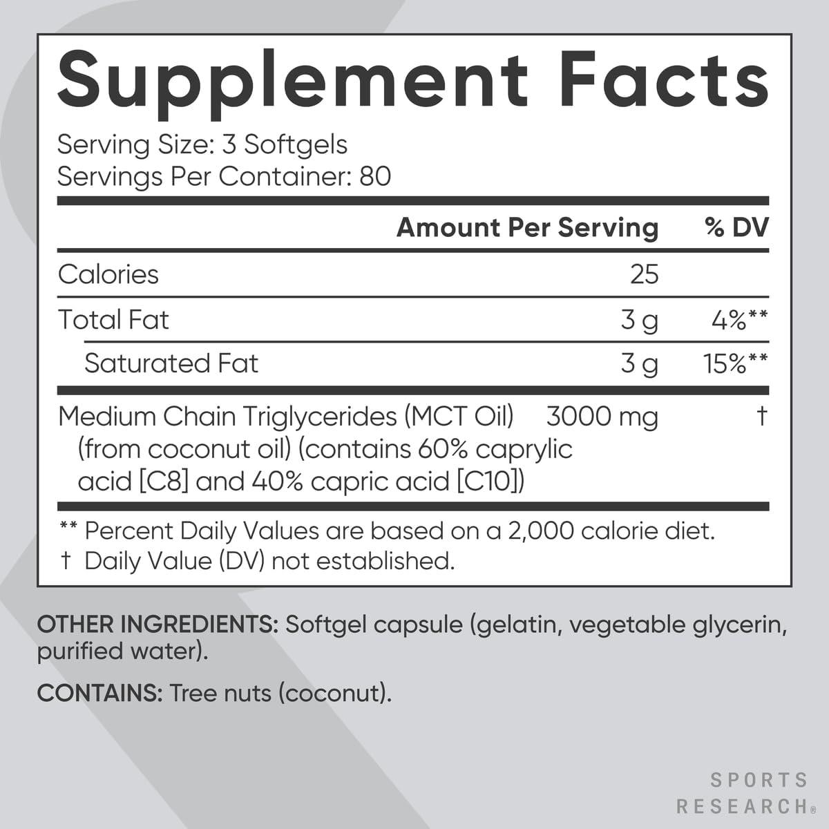 Sports Research MCT Oil Capsules derived from Coconut Oil | Keto Fuel for The Brain & Body | High Potency 3000 mg | Derived from Non-GMO Coconuts (120 Softgels)(240 Count (Pack of 1))