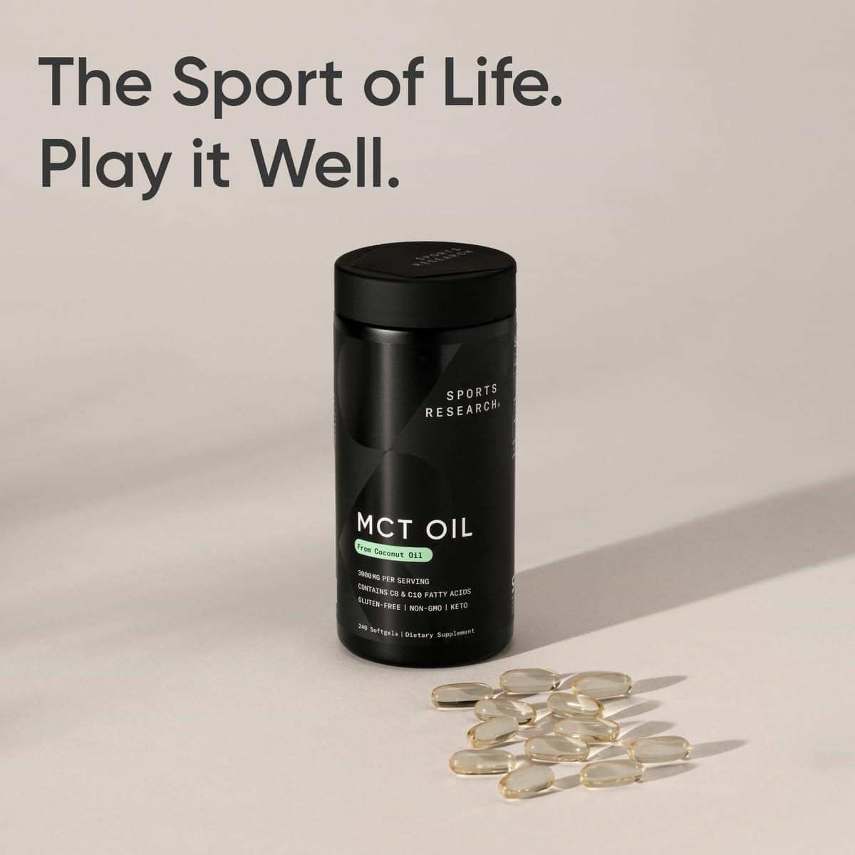 Sports Research MCT Oil Capsules derived from Coconut Oil | Keto Fuel for The Brain & Body | High Potency 3000 mg | Derived from Non-GMO Coconuts (120 Softgels)(240 Count (Pack of 1))