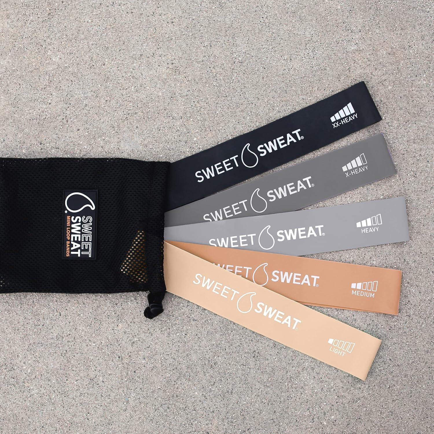 Sweet Sweat Mini Loop Resistance Bands – Set of 5 | Exercise Hip Booty Bands for Squats, Lunges, Physical Therapy, Yoga, Pilates, Rehab and Home Workout | Non-Latex Elastic Bands Includes Carry-Bag