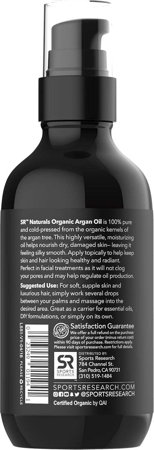 Sports Research Organic Argan Oil – 100% Multi-Purpose Oil for Hair – USDA Certified Organic, 100% Pure, Cold Pressed (4 Ounces)