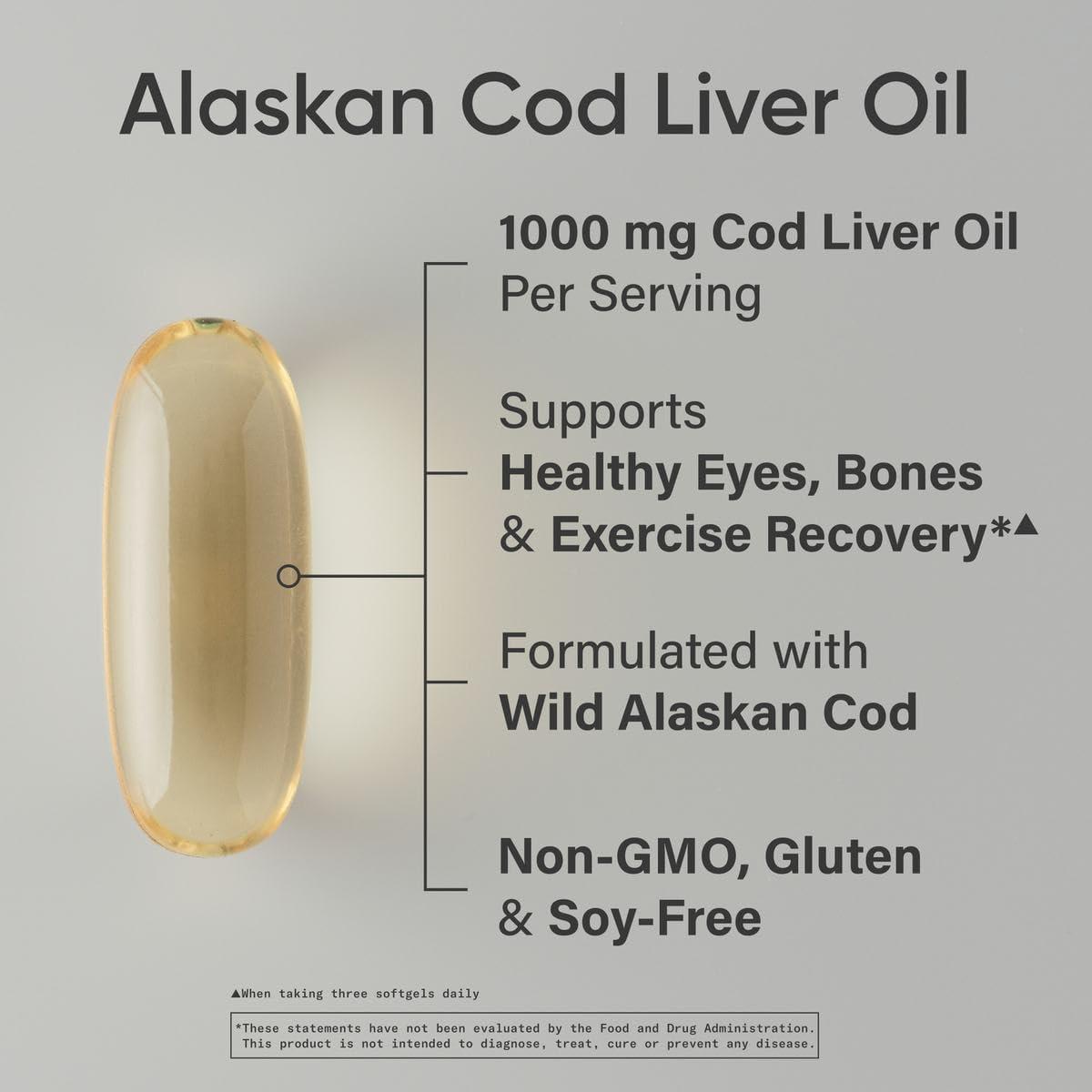 Sports Research® Omega-3 Wild Alaskan Cod Liver Oil 1000mg with Vitamins A (1000 IU) & D3 (400 IU) – Burpless, Bovine Free, Non-GMO, & MSC Certified Sustainable – 120 Softgels
