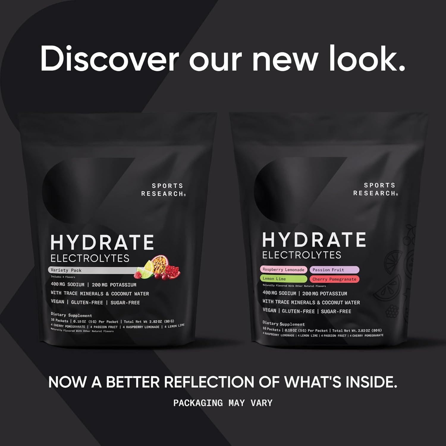 Sports Research Hydrate Electrolytes Powder Packets – Sugar-Free & Naturally Flavored with Vitamins, Minerals, and Coconut Water – Supports Hydration – 16 Packets – Passion Fruit(Variety Pack)