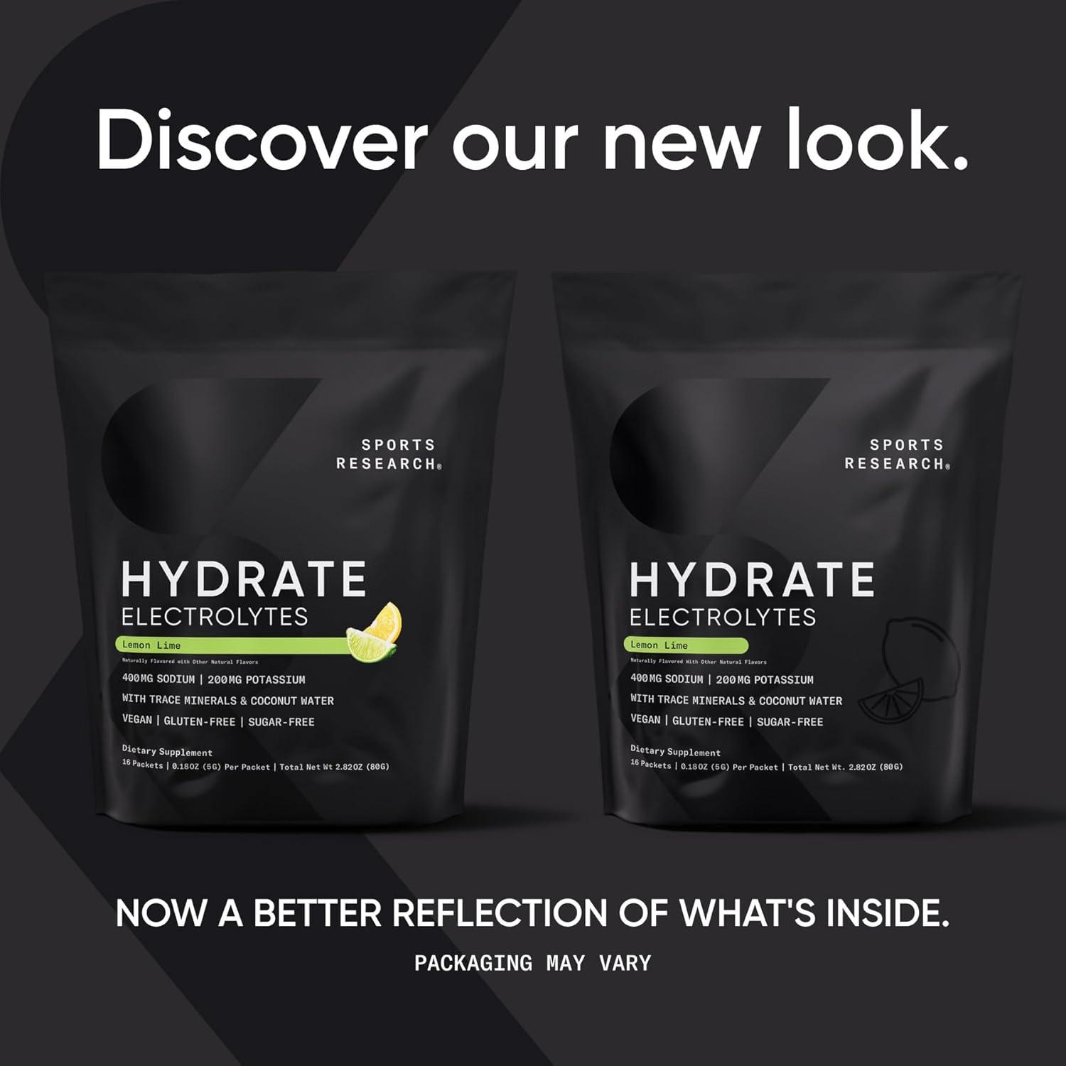 Sports Research Hydrate Electrolytes Powder Packets – Sugar-Free & Naturally Flavored with Vitamins, Minerals, and Coconut Water – Supports Hydration – 16 Packets – Passion Fruit(Lemon Lime)
