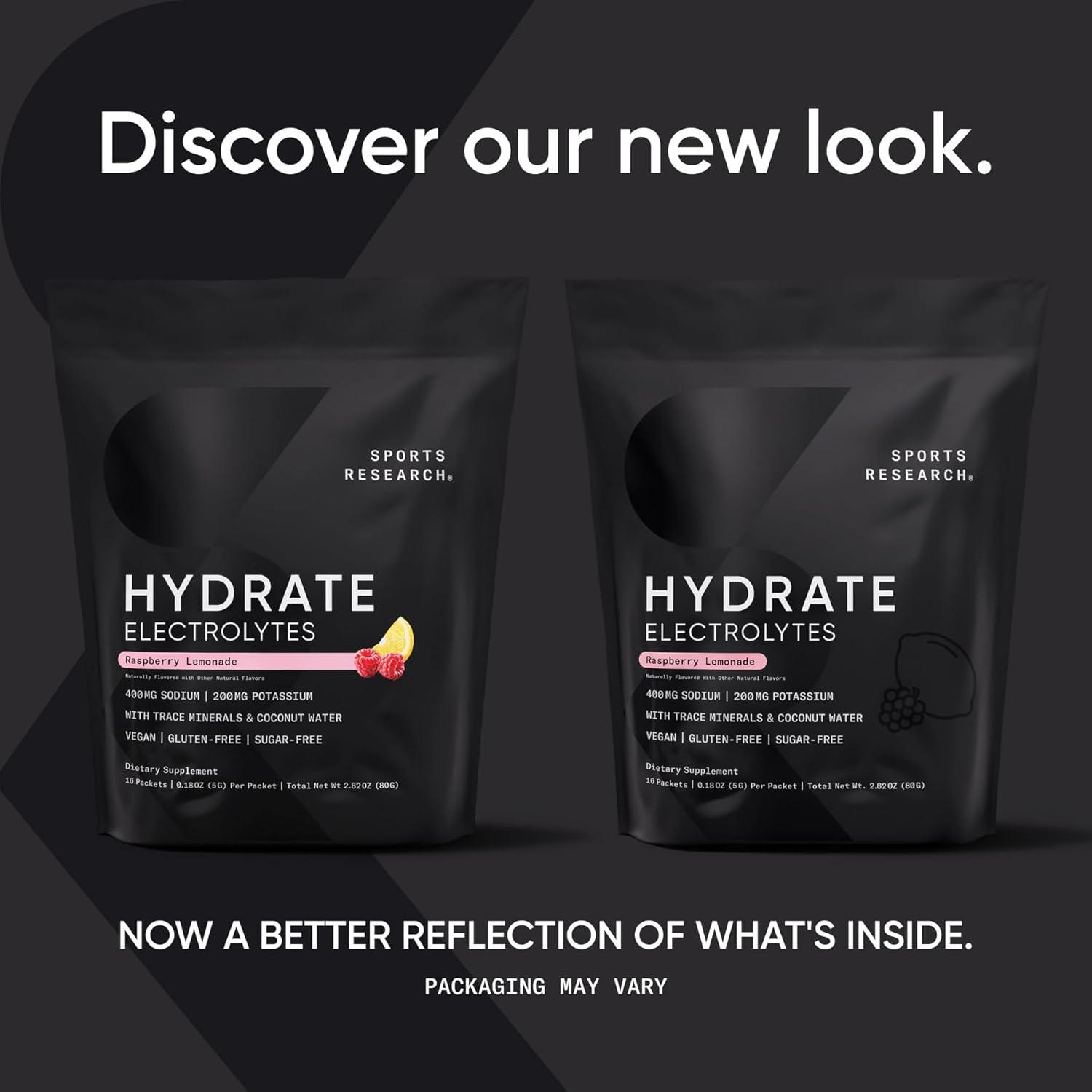 Sports Research Hydrate Electrolytes Powder Packets – Sugar-Free & Naturally Flavored with Vitamins, Minerals, and Coconut Water – Supports Hydration – 16 Packets – Passion Fruit(Raspberry Lemonade)