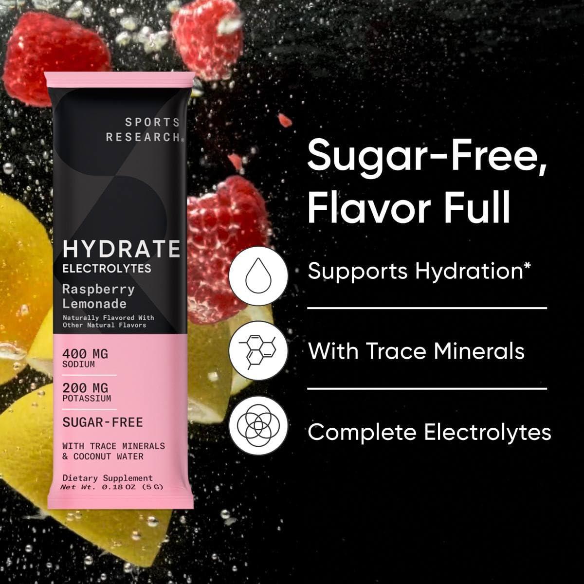 Sports Research Hydrate Electrolytes Powder Packets – Sugar-Free & Naturally Flavored with Vitamins, Minerals, and Coconut Water – Supports Hydration – 16 Packets – Passion Fruit(Raspberry Lemonade)