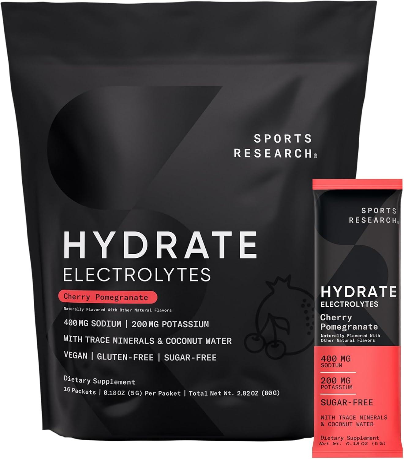 Sports Research Hydrate Electrolytes Dynamic Duo – Sugar-Free & Naturally Flavored with Vitamins, Minerals, and Coconut Water – 32 Hydration Packets of Cherry Pomegranate & Lemon Lime